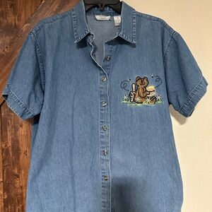 Vintage Kenneth Too! denim embroidered teddy bear Honeypatches button down shirt